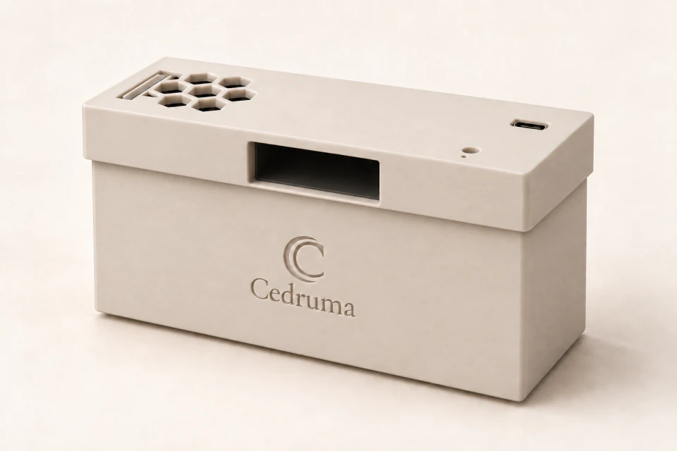 Cedruma Smart Humidifier with an engraved logo, overhanging cap and one rectangular mist outlet on the front.